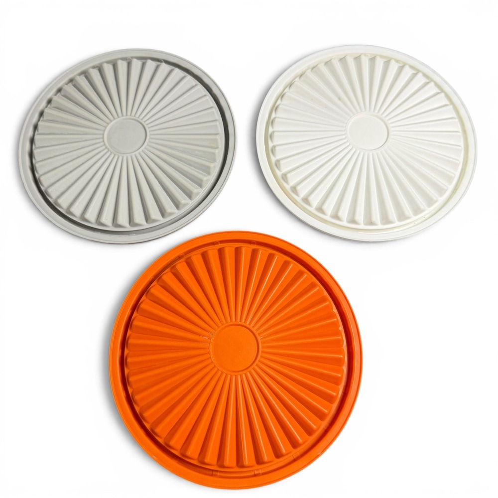 Vintage Tupperware Servalier Sunburst Replacement Lid Set of 3 Orange White Gray - Picture 2 of 2